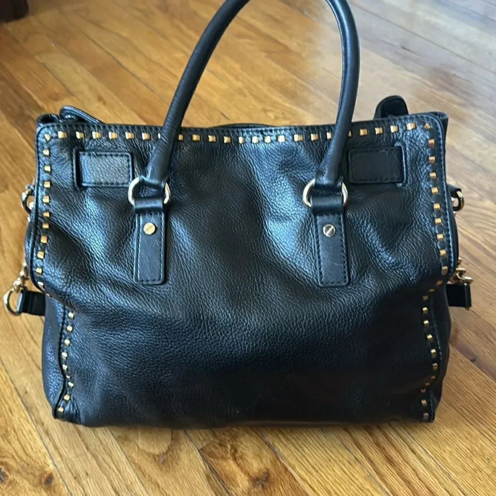 micheal kors black and gold stitched hamilton bag  with lock & key